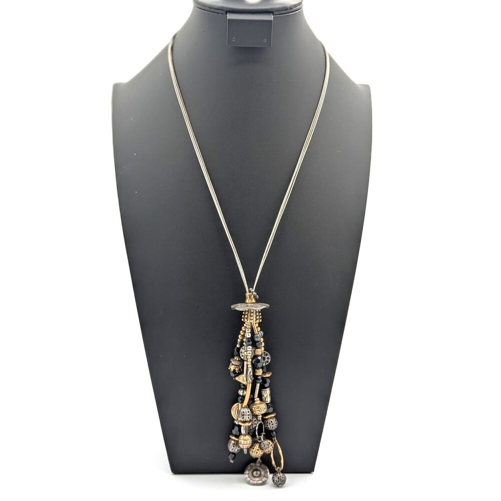 Industrial Three Cable Multi-Beaded Gold Silver Multi-Strand Tassel 24" Necklace